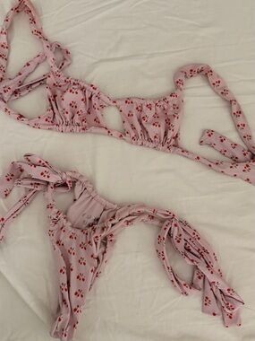 Frankie's Bikinis Light Pink Cherry-Print Tie Bikini